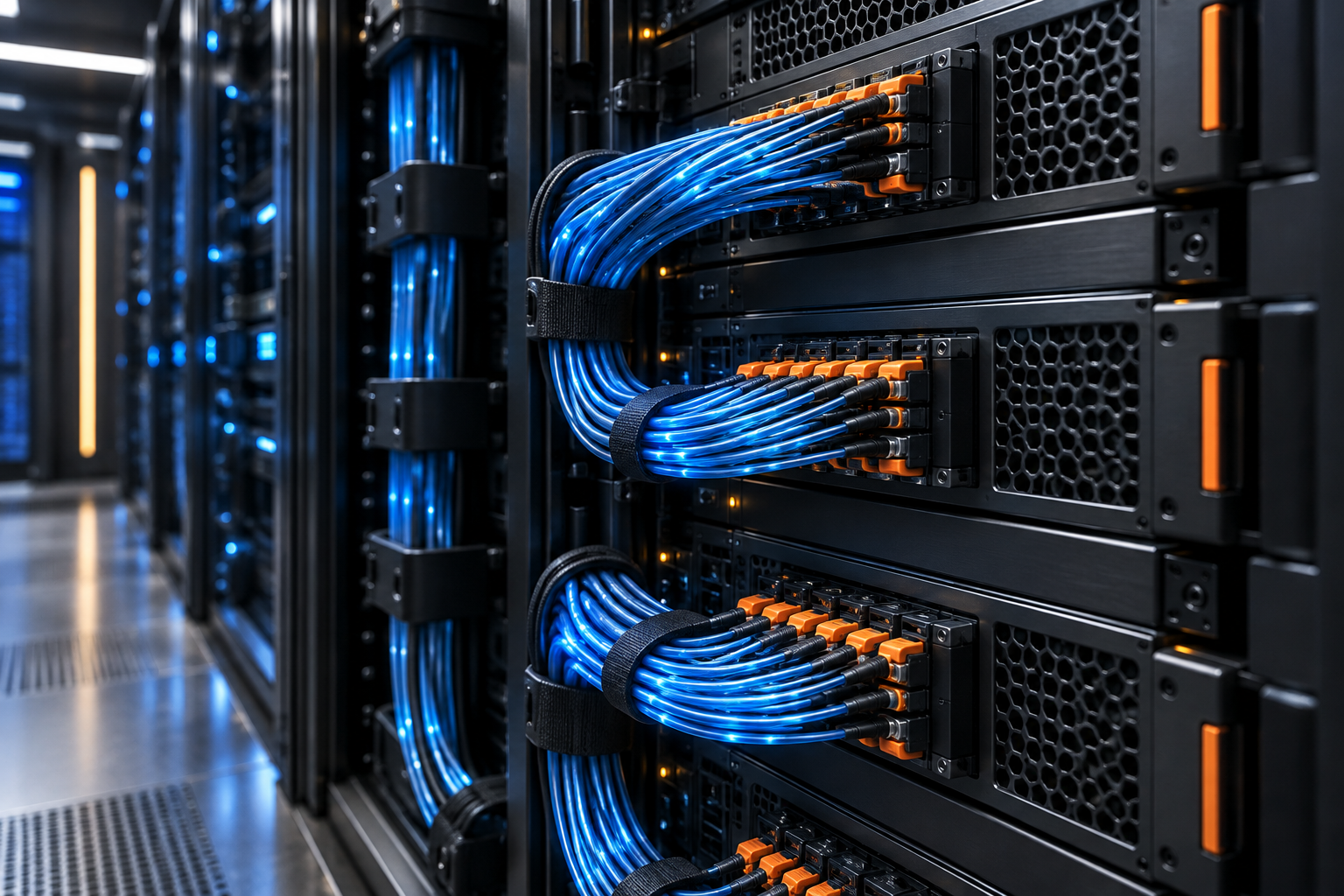 Conceptual telecom infrastructure with illuminated fibre-optic connections